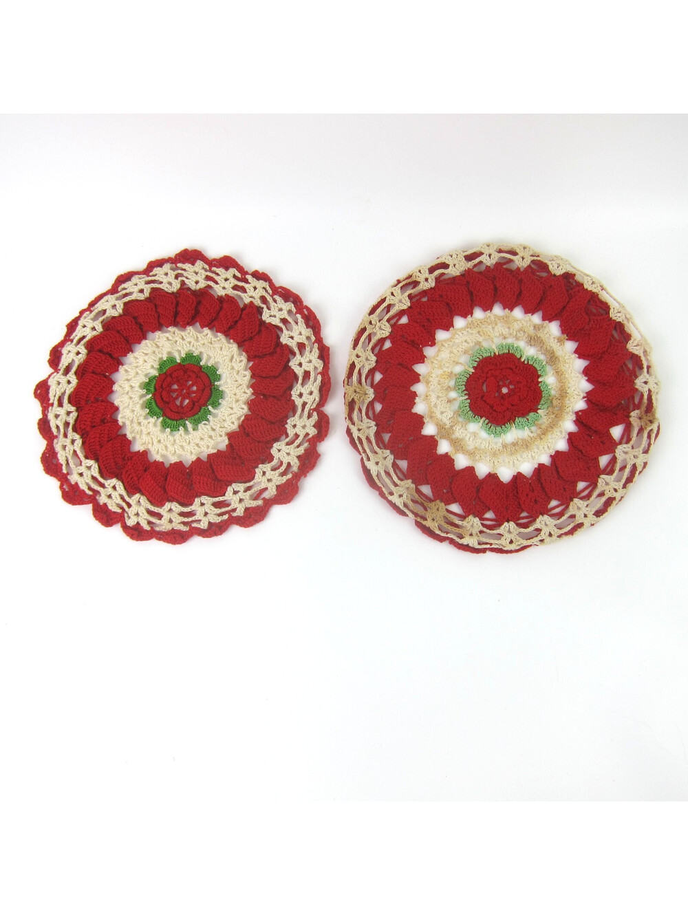 2 Vintage Rose Hot Plate Doily Lot Red Flowers Green Cream 8.5" Mid Century MCM